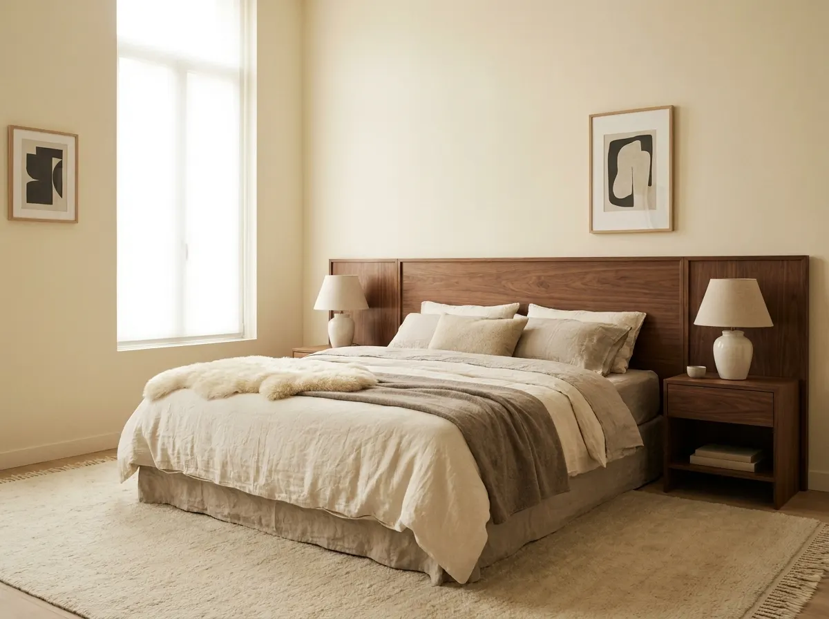Walnut bedroom with warm cream walls, central Brussels