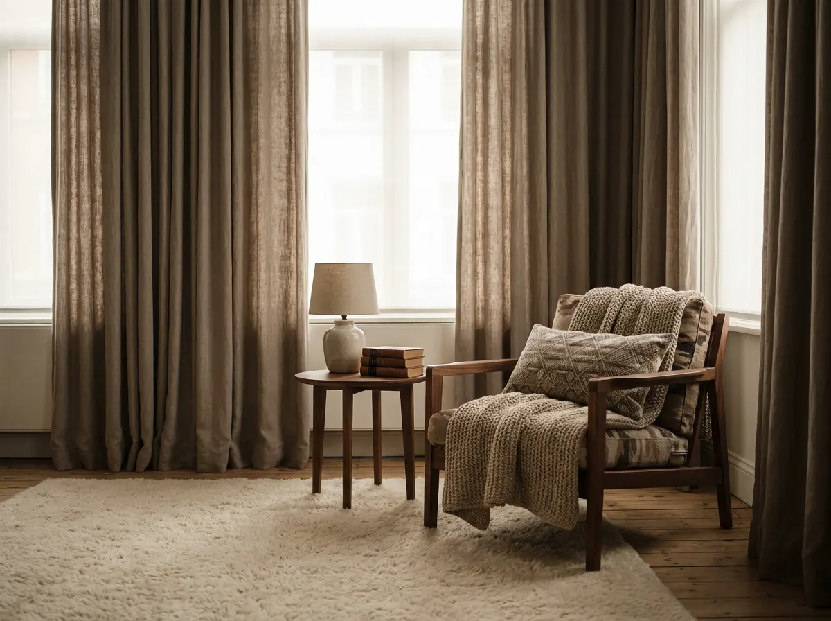 Quiet townhouse interior with tactile, warm materials