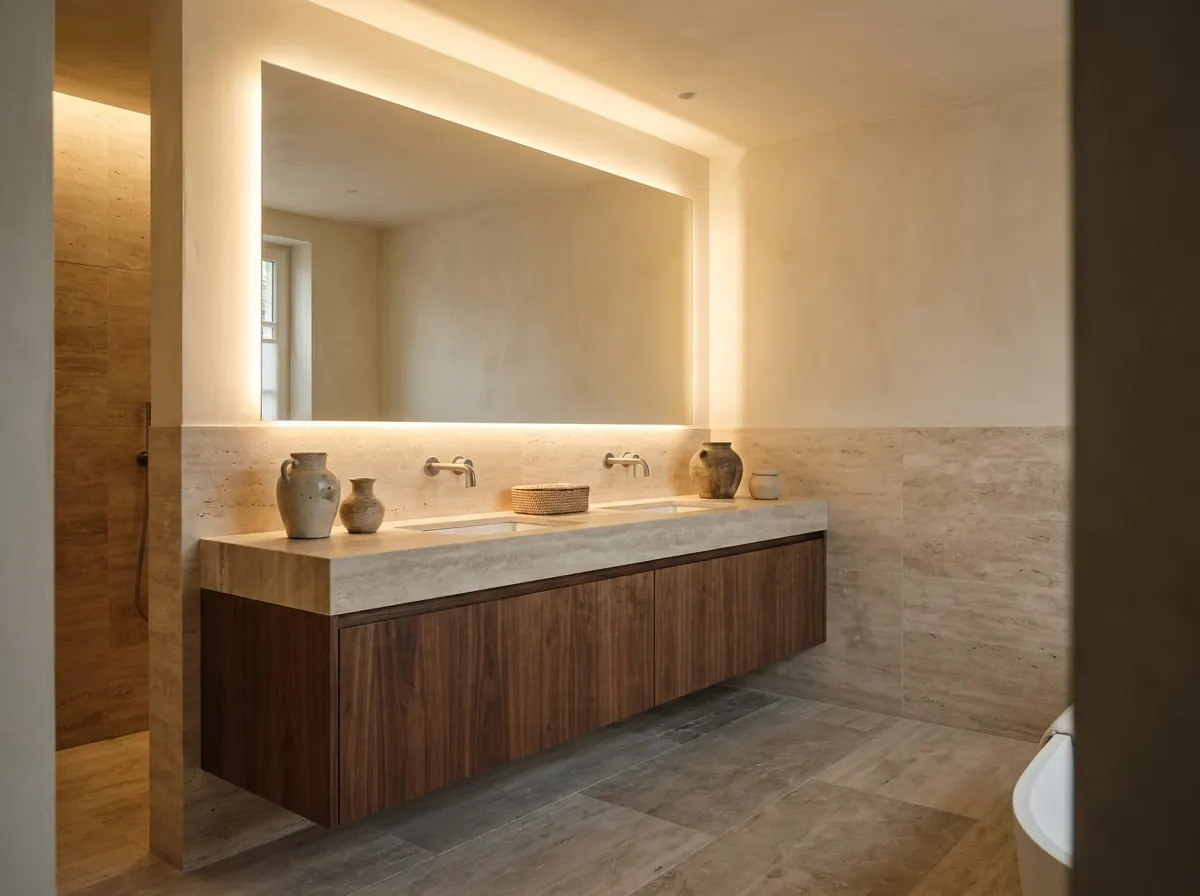 Private bathroom with walnut vanity and warm mirror light