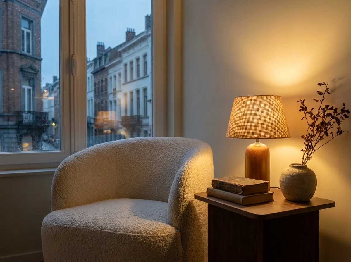 Calm residential corner with a bouclé chair in central Brussels